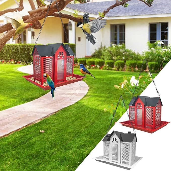 Charming House-Shaped Hanging Bird Feeder - Durable Metal Design for Wild Birds(pink)